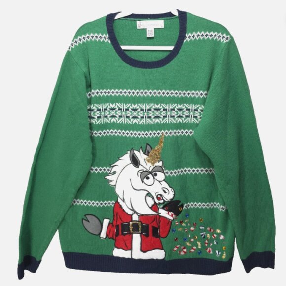 Jolly Sweaters Christmas Ugly Sweater Unicorn Puke Candy Embroidered Gems Sz XL - Picture 1 of 9